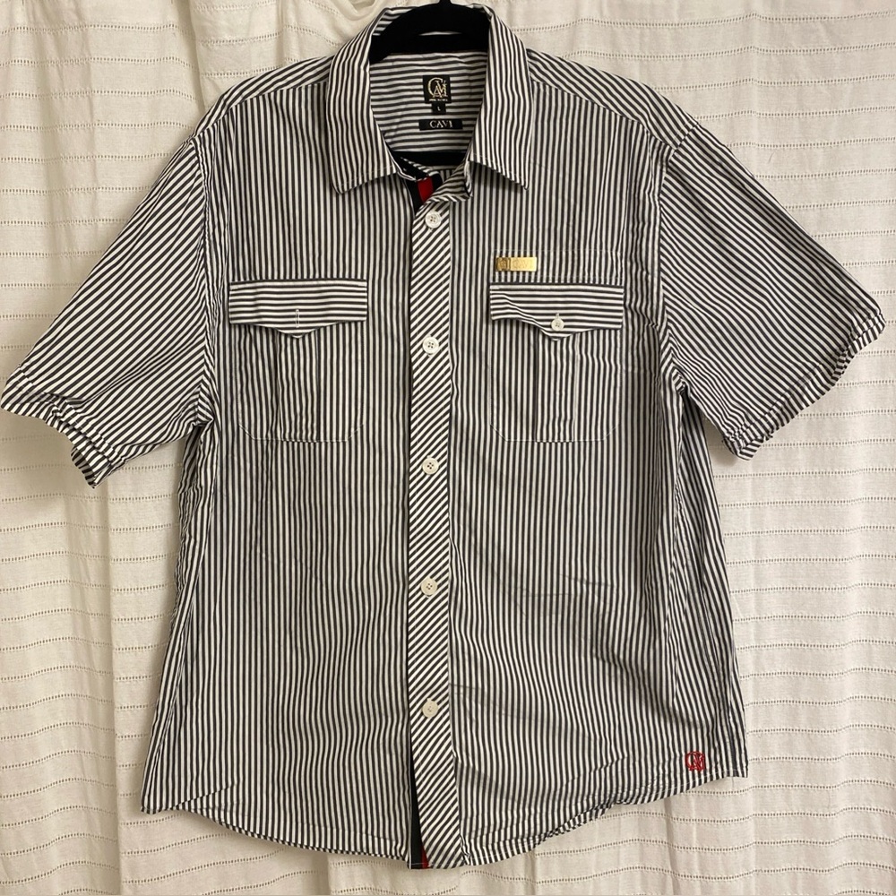 CAVI Men’s Black White Striped Short Sleeve Button Down Shirt Size Large pockets